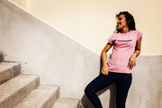 "Prayer Works." Desert Pink t-shirt with black print; unisex