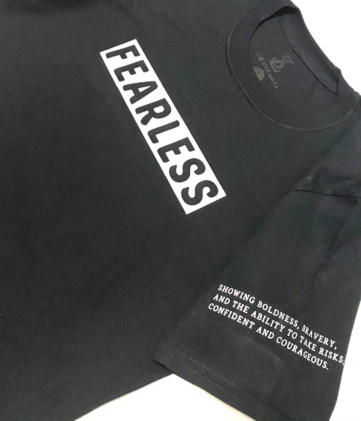 "Fearless” Black t-shirt with white print; unisex