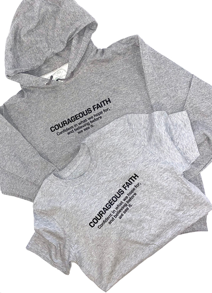 "Courageous Faith" Heather Grey Hoodie & tee combo; unisex